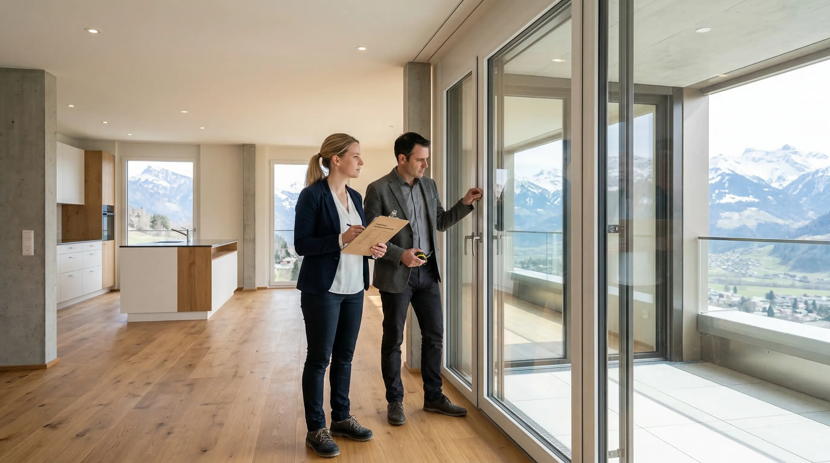 Zwei Fachleute bei der Bauabnahme prüfen Fensterrahmen in einer neuen Wohnung
