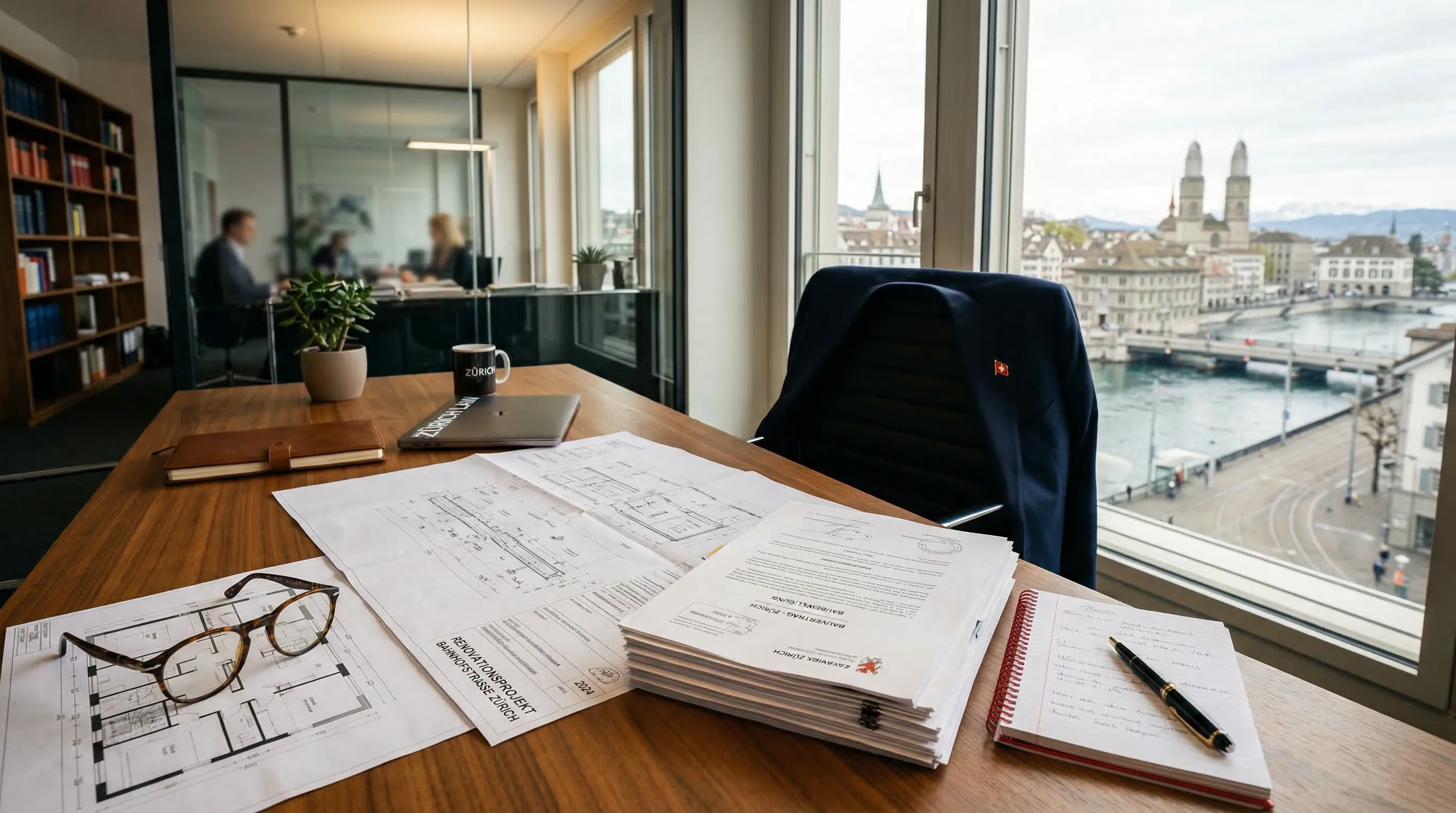 Juristische Dokumente und Baupläne auf einem professionellen Schreibtisch
