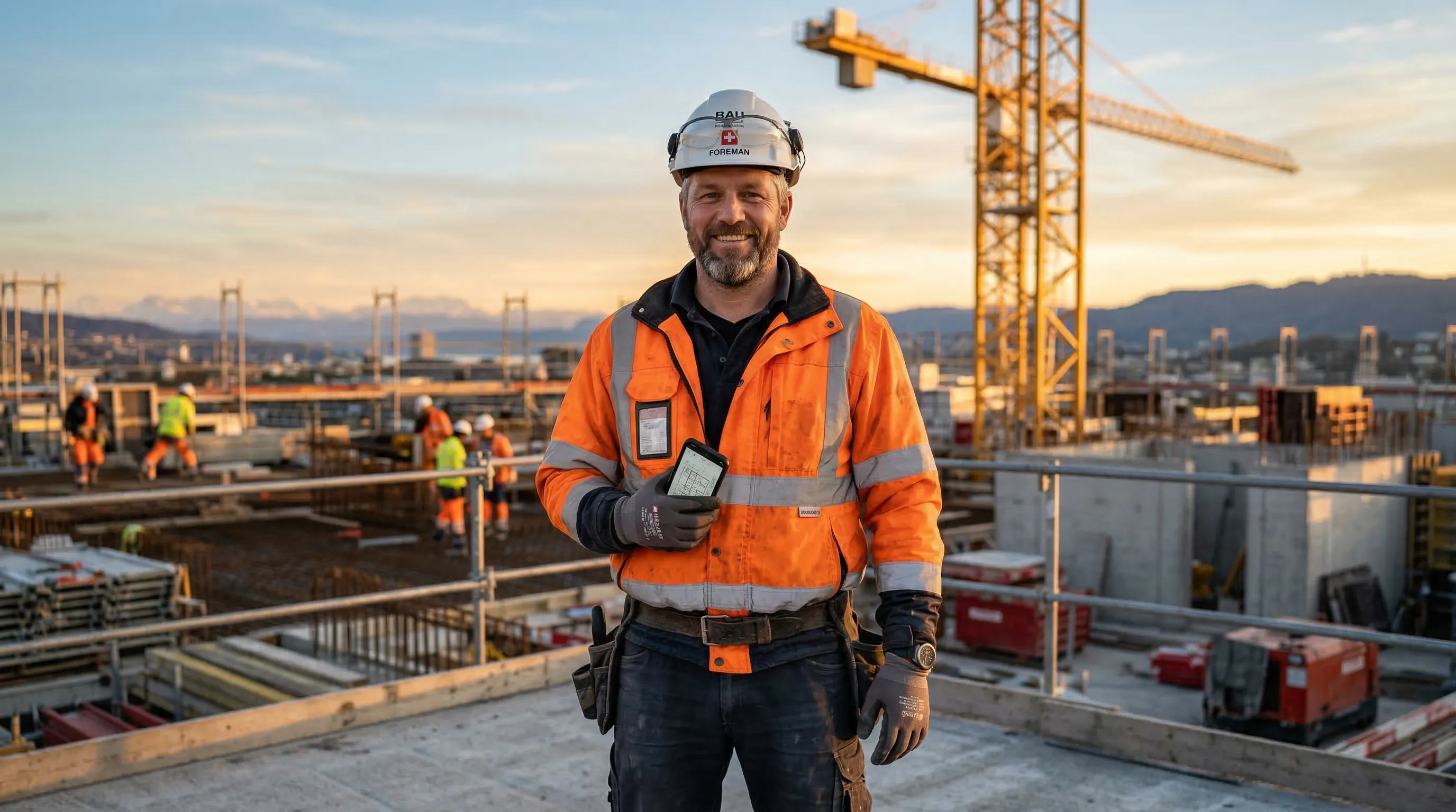 Selbstbewusster Bauleiter mit Smartphone auf einer aktiven Baustelle