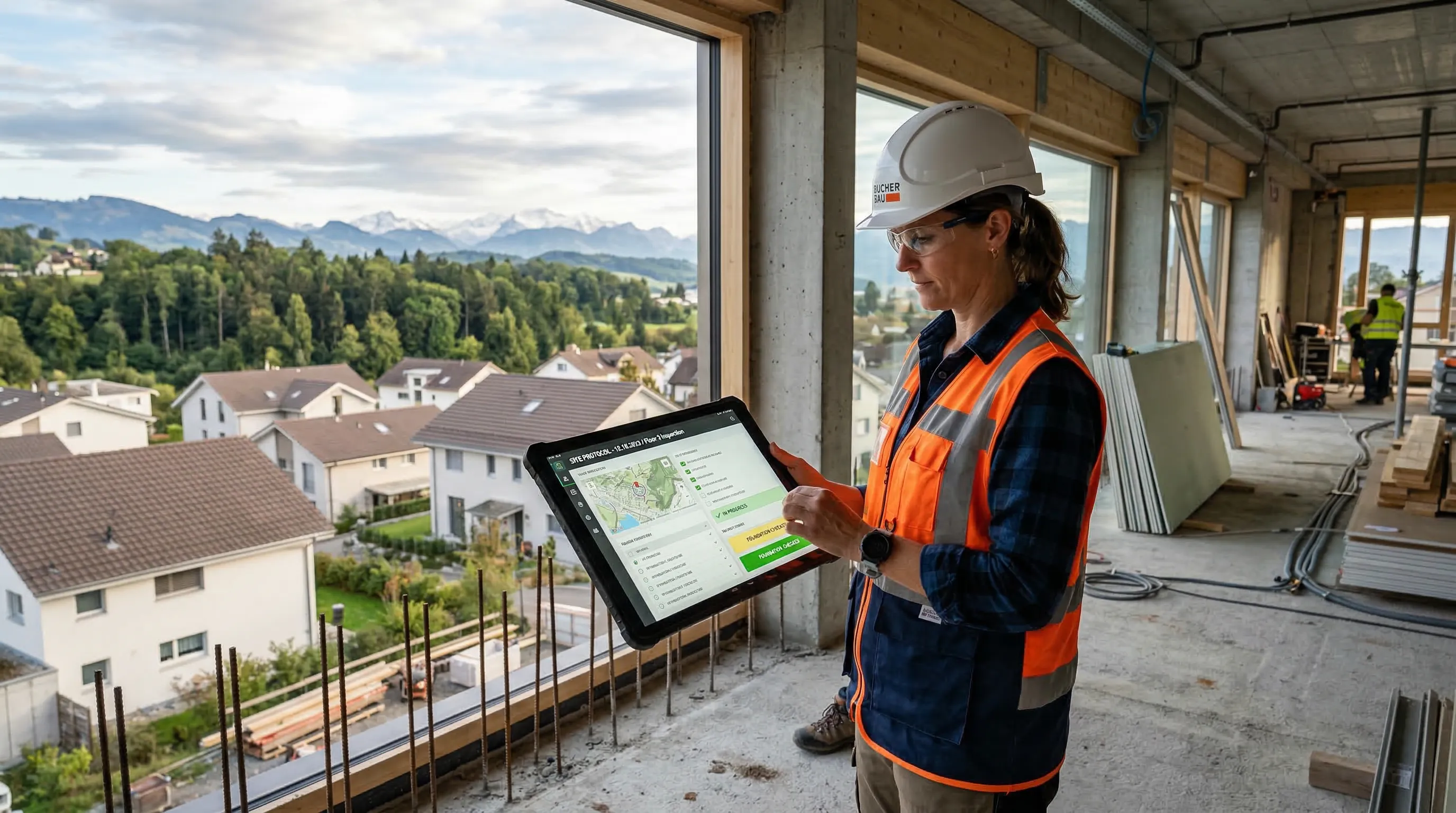 Bauleiter prüft digitales Protokoll auf Tablet in einem Neubau