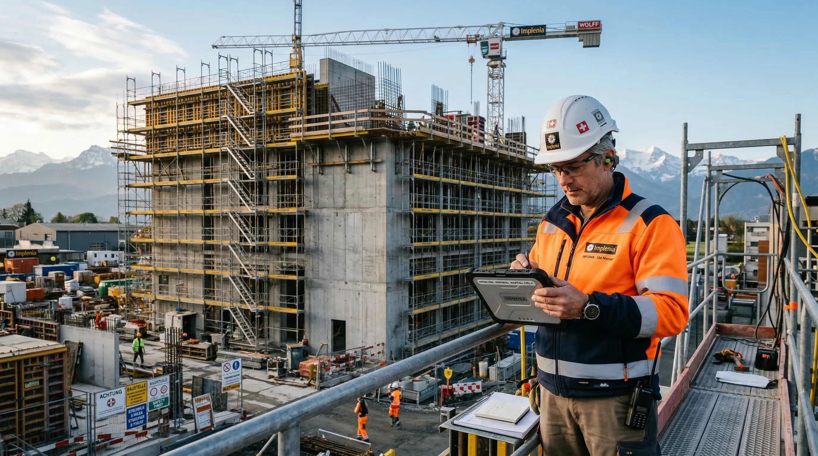 Bauleiter dokumentiert Baustelle mit Tablet-App auf einer Schweizer Baustelle