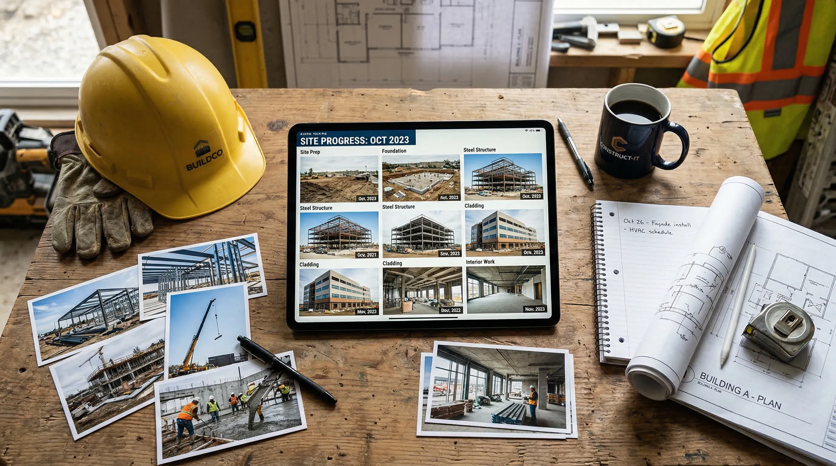 Tablet zeigt organisierte Baustellenfotos in einem strukturierten Grid