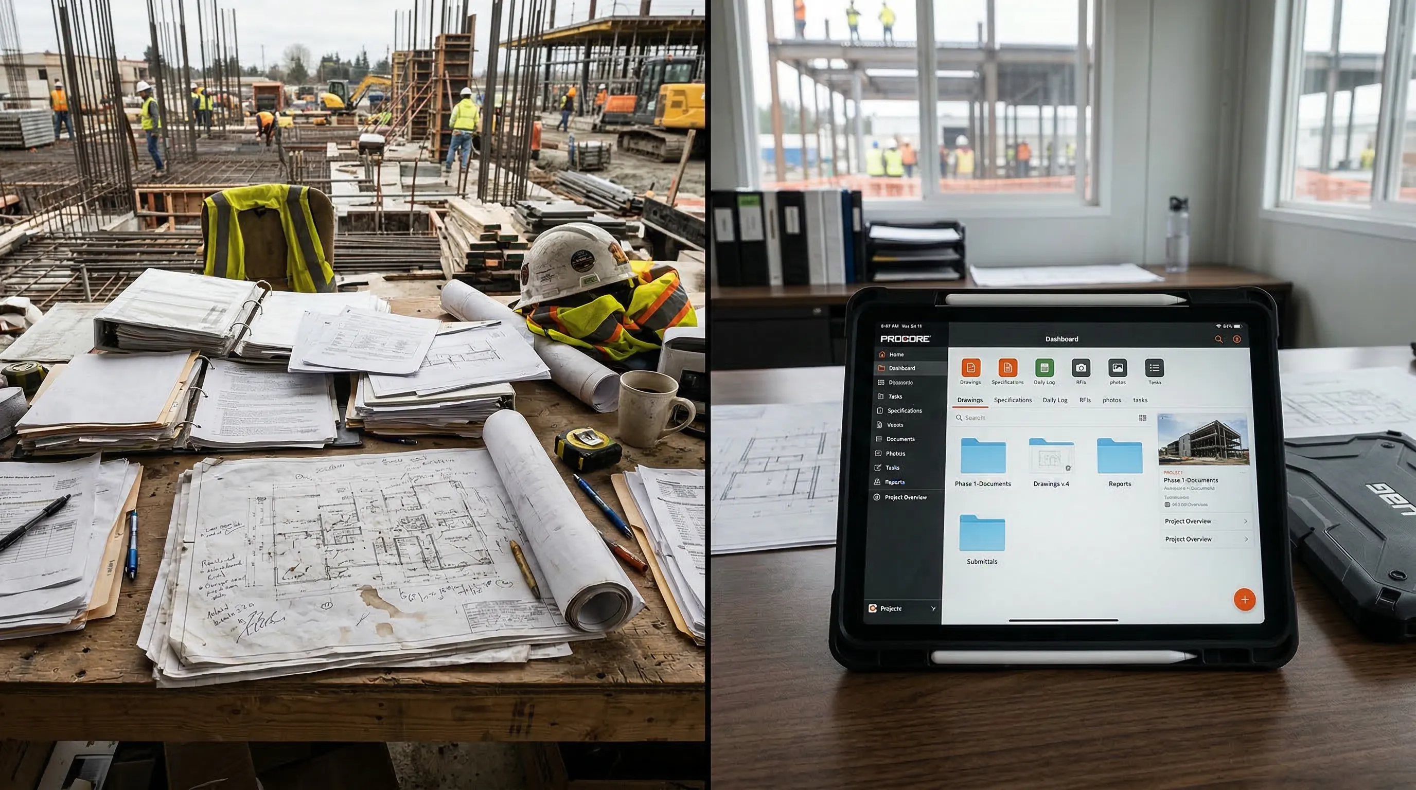 Vergleich zwischen Papierstapel und digitalem Tablet mit Baudokumentation