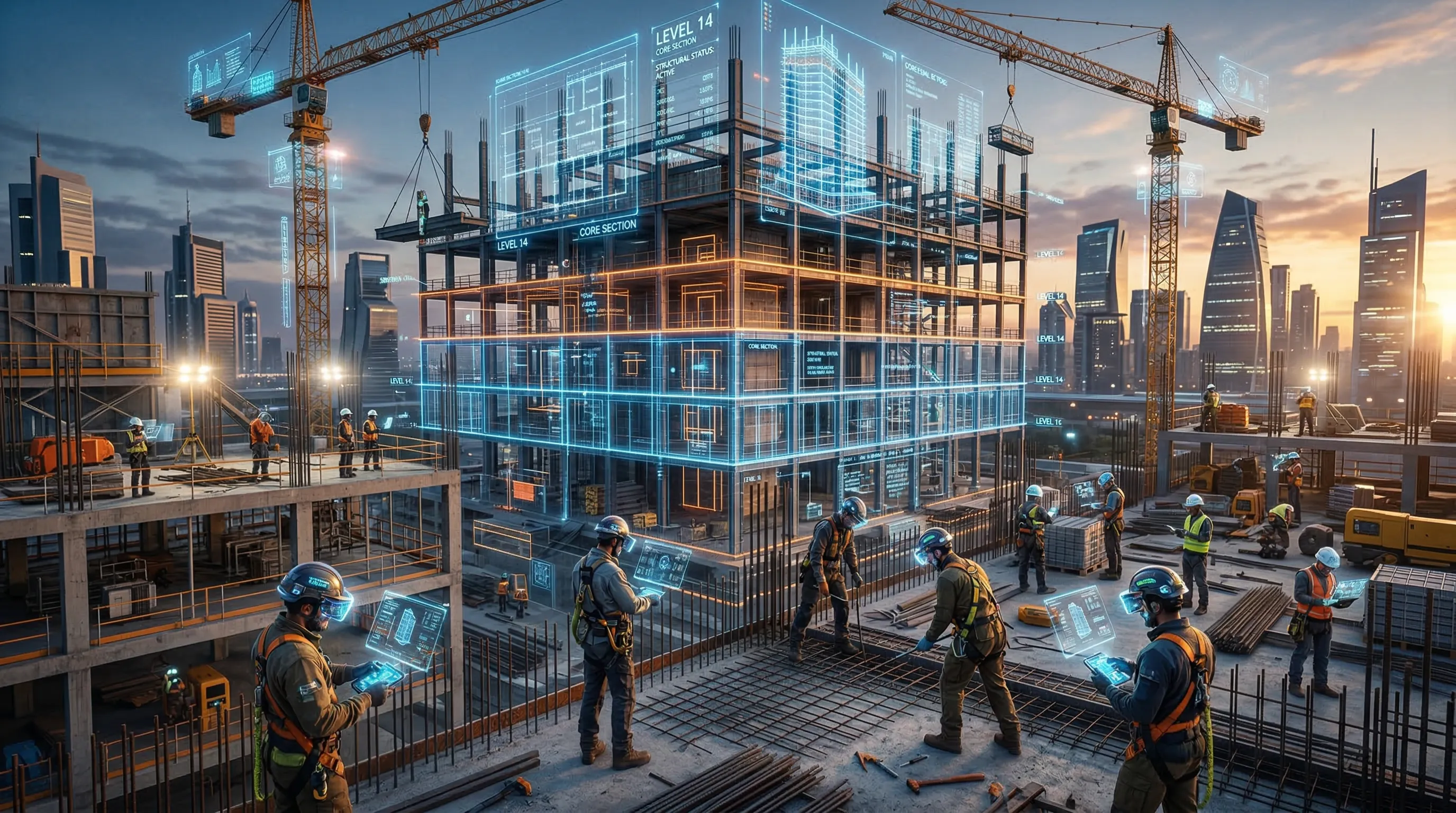 Futuristische Baustelle mit digitalen Overlays und KI-Technologie