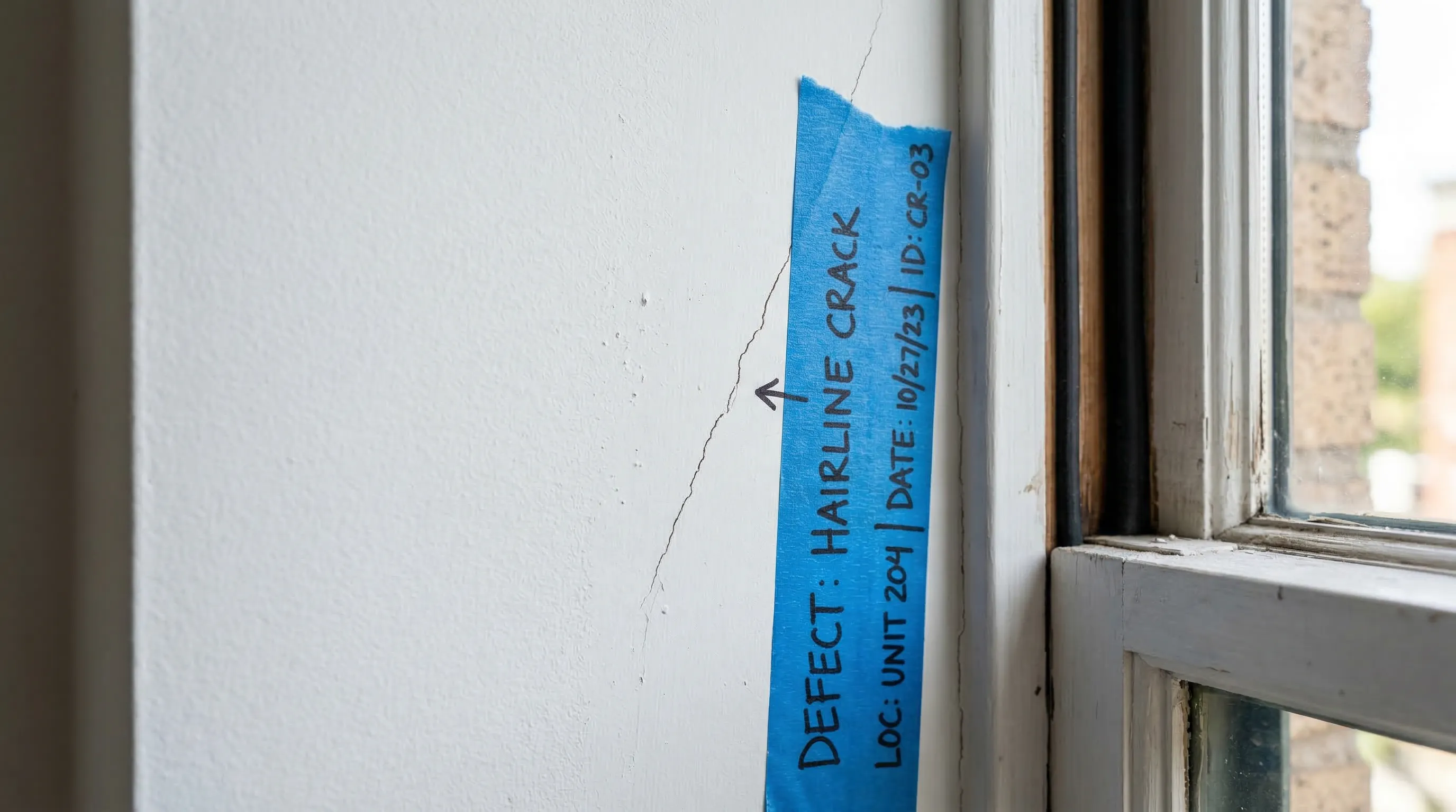 Nahaufnahme eines Baumangels an einer Wand mit blauem Markierungsband