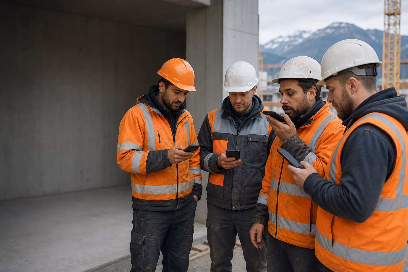 Mehrsprachiges Baustellenteam koordiniert sich per Smartphone