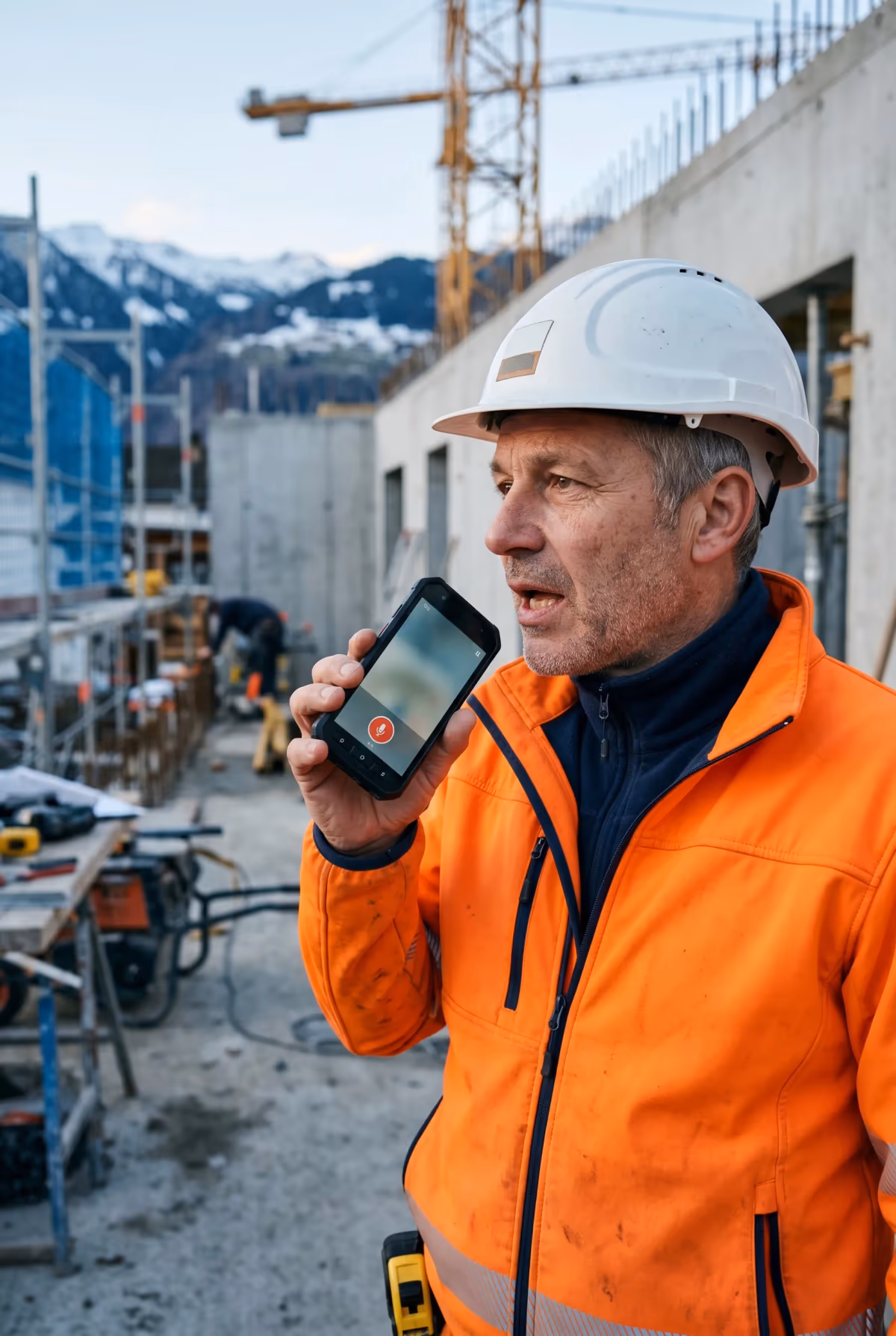 Schweizer Bauleiter spricht ins Smartphone